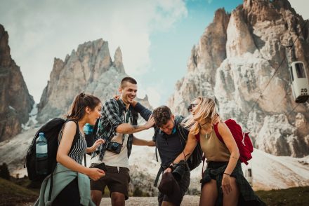 Group of friends visiting dolomites on their trip